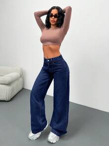 EURMUSE Low Waist Wash Detailed Wideleg Jean - Dark Wash - View 7