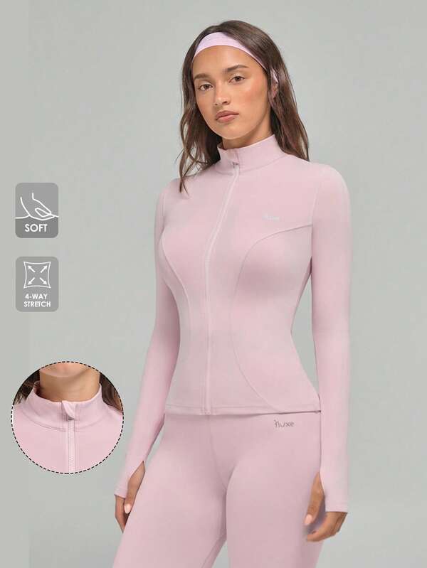 Fluxe Women's Slim Fit Zip-Up Long Sleeve T-Shirt, Soft Stretch Fabric, Stand Collar Design, Breathable And Comfortable Activewear Top