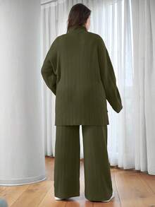 EURMUSE Suéter informal con cuello alto y cordones para tallas grandes - Verde militar - Ver 2
