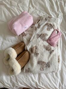 SHEIN EZwear 米色泰迪熊印花抽绳腰女裤 - 米色 - 查看 3