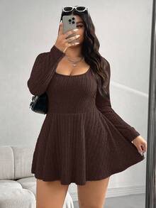 SHEIN EZwear Bộ đồ liền thân thường ngày cổ vuông dài tay có gân cỡ lớn màu nâu gỉ dành cho nữ - Rỉ Nâu - Xem 3