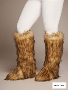 SHUZIA Women's Wide Calf Faux Fur Furry Fluffy Round Toe Winter Comfy Knee-High Boots - Camel - View 4