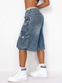 SHEIN ICON Women's Summer Fashionable Distressed Wide-Leg Denim Shorts - Dark Wash - View 4