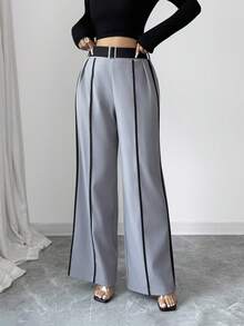 SHEIN Elenzya Quần ống rộng màu đen viền xám tương phản thanh lịch dành cho nữ - Xám - Xem 6