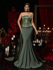 Glamrae Elegant Luxurious Contrast Sequin Lace Patchwork Satin Maxi Dress, Suitable For Wedding, Party, Honeymoon, Formal Occasions, Valentine's Day - Dark Green - View 8