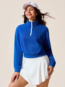 Core Rhythm Damen modische Outdoor Fitness Lauf Lässig Tennis Poloshirt mit Frontreißverschluss, halboffen Kragen, Buchstaben-Muster Design, Langarm, locker geschnitten, Sportlich, Golf Royal Blau - Blau - Übersicht 4
