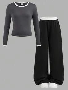 SHEIN 2 件套青少年女孩休闲圆领撞色上衣、T 恤和腰部撞色运动裤套装 - 黑與白 - 查看 6