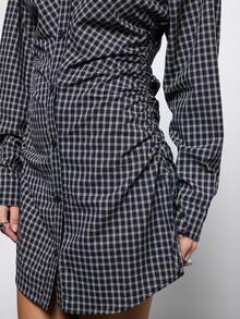 COUREZ 褶皱侧边格纹衬衫裙 / Y2K 冬季穿搭 冬季连衣裙 优雅外出连衣裙 长袖连衣裙 新年 - 藏蓝色 - 查看 6