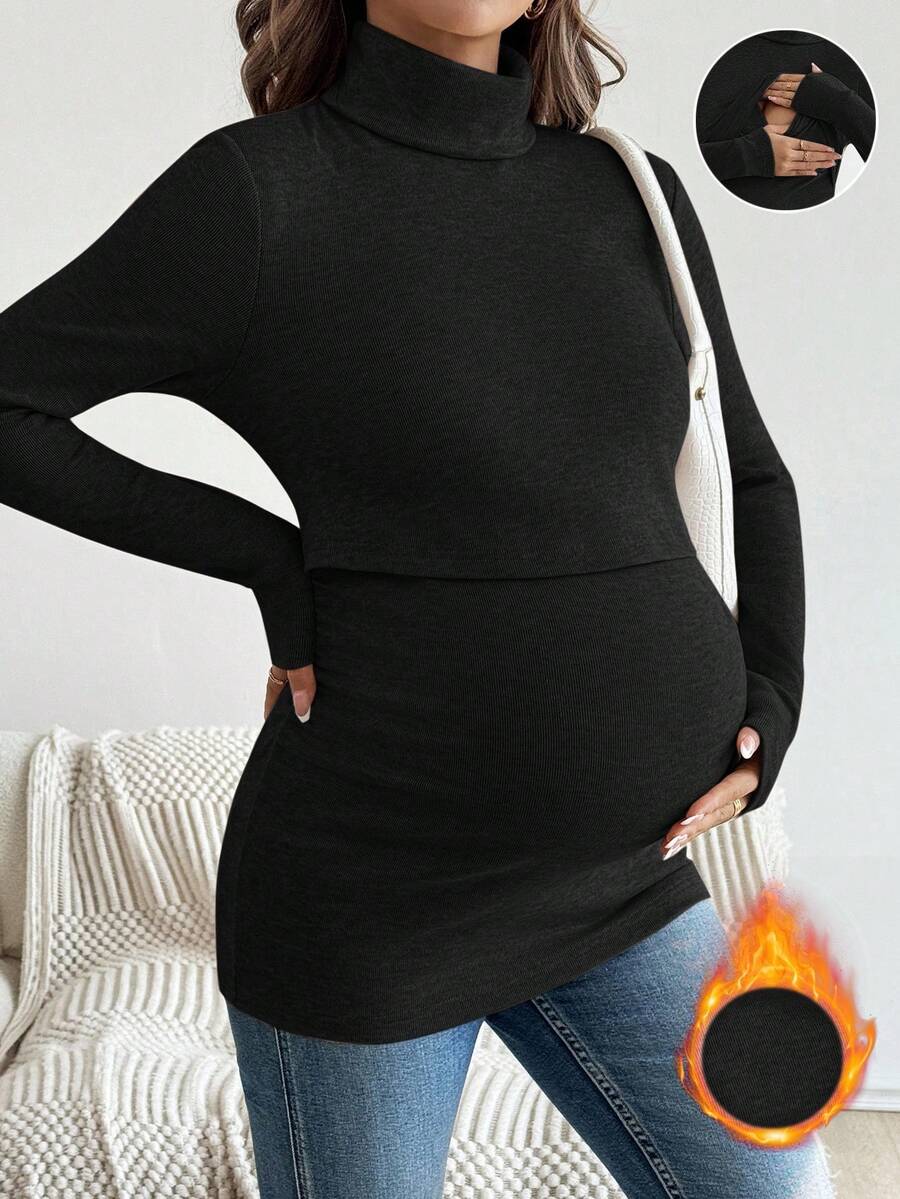 SHEIN 孕妇哺乳上衣,纯色简约日常穿着,高领长袖衬衫 - 黑色 - 查看 1