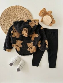 SHEIN Conjunto de 2 piezas de sudadera y pantalones con diseño de osito de peluche lindo y de dibujos animados para bebé niña, para otoño/invierno - Negro - Ver 2