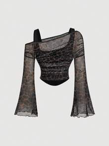 SHEIN MOD 豹纹不对称肩部网纱二合一喇叭袖长袖女式上衣，冬季舒适T恤，圣诞节、新年、派对上衣、感恩节 - 彩色 - 查看 3