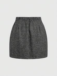 Radiana 复古时尚通勤棕色千鸟格羊毛三件套：修身西装外套 + 低腰半裙 + 围巾（含垫肩）半裙套装 西装外套半裙套装 粗花呢两件套 女士套装 女士西装外套套装 - 灰色 - 查看 10