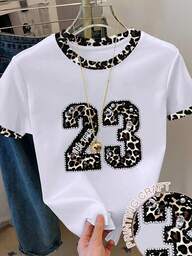 Resyla Tricou pentru femei cu guler rotund și imprimeu leopard și grafică numerică