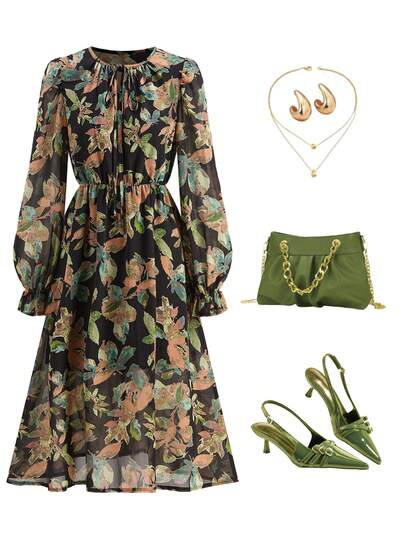 Ellevyn Women's Elegant Long Sleeve Waist Cinched Vintage Print Dress, Autumn Autumn Winter Women  Elegant Autumn Double Chiffon Xinhua Green Leaf Retro Print Dress Long Sleeve Versatile Waist Long Dress