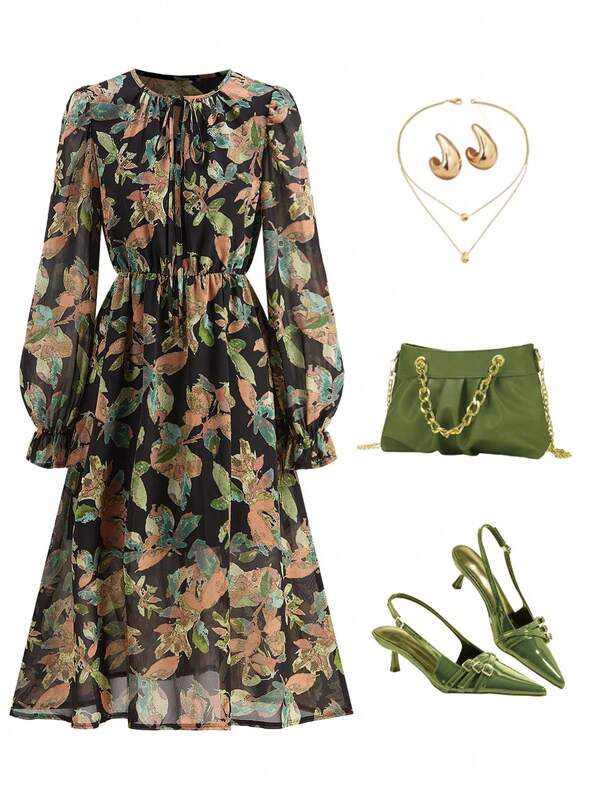 Ellevyn Women's Elegant Long Sleeve Waist Cinched Vintage Print Dress, Autumn Autumn Winter Women  Elegant Autumn Double Chiffon Xinhua Green Leaf Retro Print Dress Long Sleeve Versatile Waist Long Dress