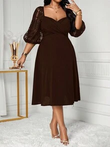 SHEIN Lady Váy dài tay màu trơn cỡ lớn, tối giản và thời trang, phù hợp cho mùa hè Váy lễ Phục sinh cho nữ Váy tốt nghiệp Váy dự tiệc cưới cho nữ Váy dự tiệc cưới cho nữ Váy công sở thường ngày cho nữ - màu nâu - Xem 3