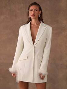 SHEIN BAE Women's Fall/Winter Fashion Collection Faux Fur Collar & Hem Long-Sleeve Suit Dress Featuring A Flattering Openwork Design Along The Side Seams Perfect For Parties, Birthday Celebrations, Girls' Nights Out, And Christmas Gatherings