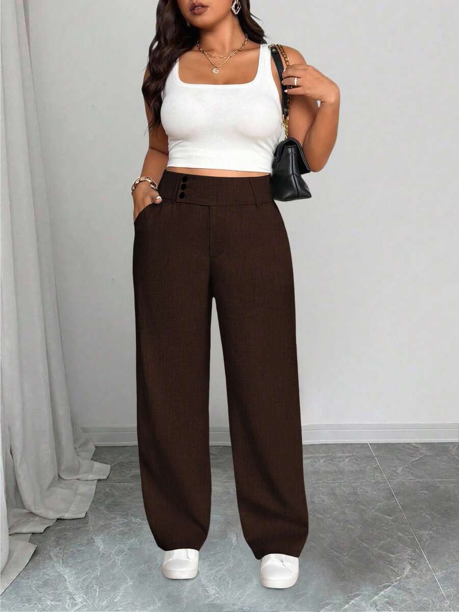 SHEIN Tall CURVE 大码女式休闲宽腰直筒裤 - 巧克力棕 - 查看 1
