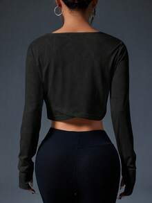 Easithlete Women's Solid Color Round Neck Long Sleeve Cropped Sports T-Shirt Gym Tops Crop Workout Long Sleeve Top Women Sport Crop Top Shirt Copped Athletic Tops Cropped Athletic Tops - Black - View 2