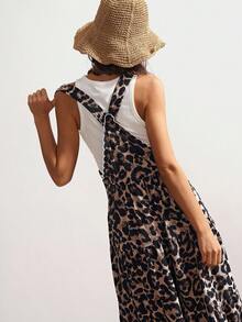 Bohemela Western Style Casual Knit Leopard Print Wide Leg Bib Pants - Multicolor - View 6