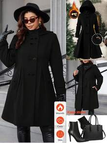 Ellevyn 大码女式纯色双排扣口袋褶皱连帽大衣，秋冬 - 黑色 - 查看 11