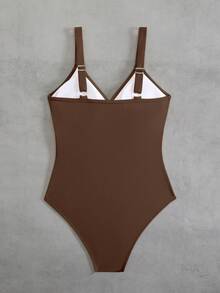 Swim Lushoire 1 件女士条纹特殊面料交叉肩带连体泳衣 - 咖啡棕 - 查看 4