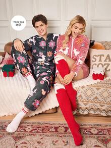 CoupledUp Christmas Deer & Snowflake Fleece Long Sleeve Jumpsuit Men's Pajama - Grey - View 7