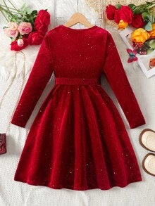 SHEIN Tween Girl Elegant V-Neck Long Sleeve Velvet Glitter Christmas Holiday Waist Cinched Midi Dress - Red - View 7