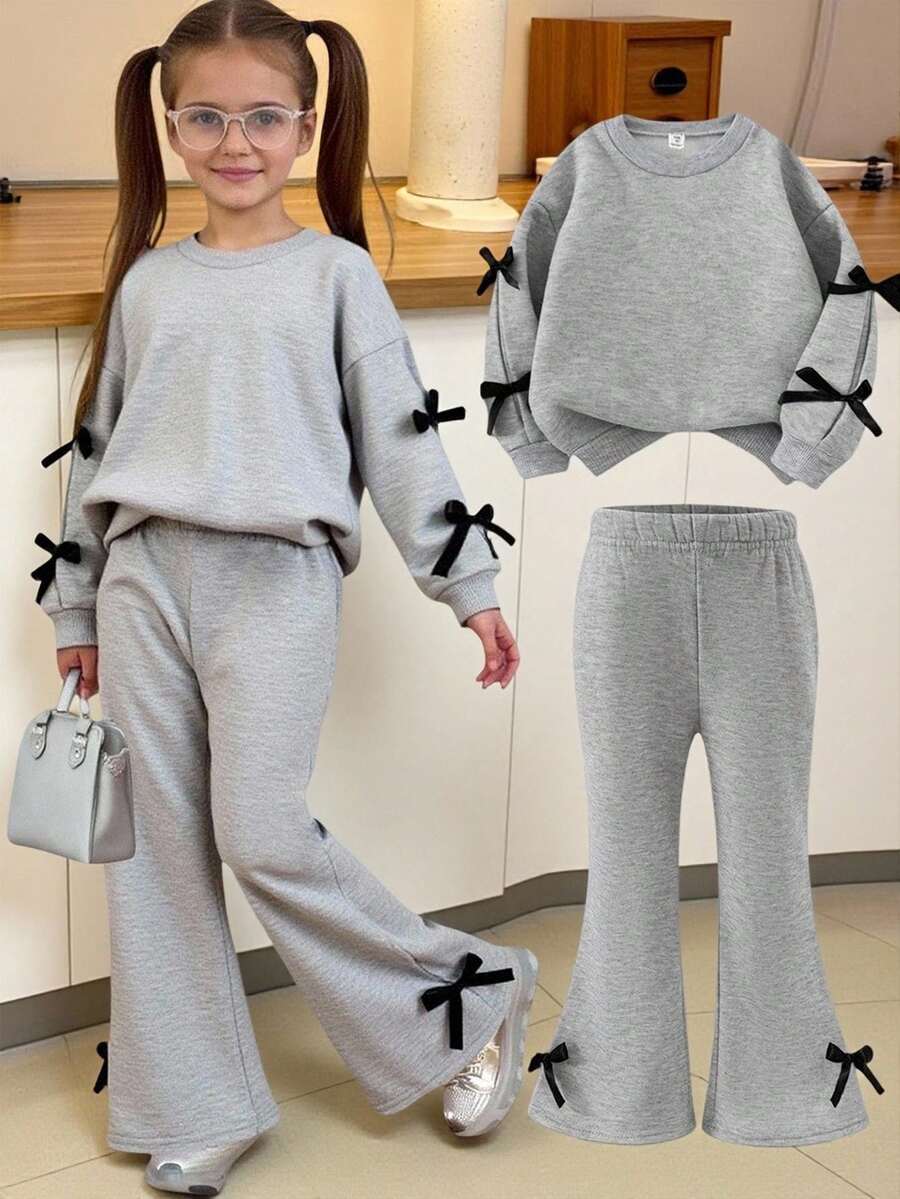 SHEIN 2 件套年轻女孩韩版休闲灰色运动衫，带蝴蝶结和喇叭裤套装，独特的秋冬装 - 灰色 - 查看 1