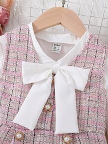 Elladie kids 小女童格紋連衣裙和前蝴蝶結荷葉袖襯衫 - 彩色 - 查看 4