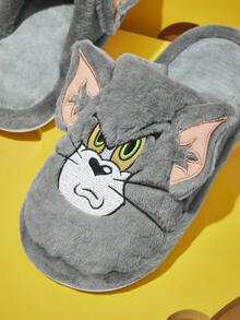 TOM & JERRY X SHEIN Dép đi trong nhà chống trượt họa tiết hoạt hình thêu 3D thời trang cho bé gái, chất liệu vải nhung mềm mại, ấm áp, đế bền, phòng ngủ, phòng máy lạnh, mùa xuân thu, dành cho cả nam và nữ, cặp đôi, mèo - Xám - Xem 3