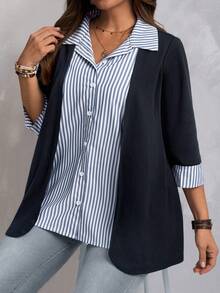 EMERY ROSE Plus Size Casual Commuter Striped Patchwork Shirt, Autumn/Winter - Navy Blue - View 4