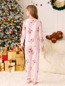 SHEIN Tween Girls Casual Homewear Crew Neck Long Sleeve Pajama Set - Pink - View 13