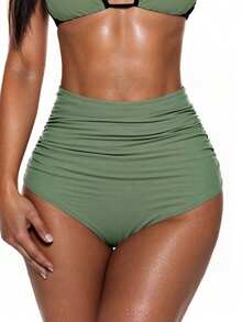 SHEIN Swim 纯色高腰褶饰比基尼泳裤 - 軍綠色 - 查看 4