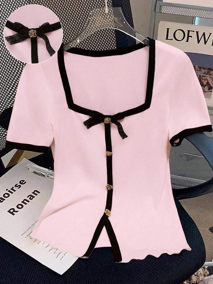 GlowEve CURVE 大码女式金属纽扣和亮片蝴蝶结装饰修身短袖圆领 T 恤，适合夏季度假 - 粉色 - 查看 1