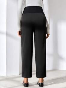 MaterniWear 办公室、商务孕妇工作服、孕妇工作裤、纯色高腰休闲口袋直筒宽松裤、黑色喇叭裤、孕妇装、孕妇裤、孕妇套装、孕妇连体裤 - 黑色 - 查看 3