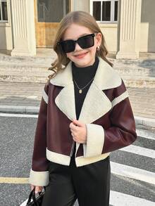 SHEIN 青少年女孩纯色翻领短款保暖长袖夹克 - 酒紅色 - 查看 3