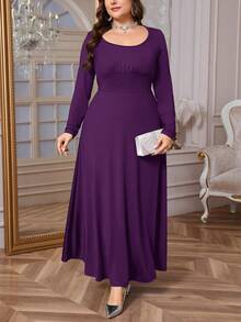 Firerie Vestido Casual Elegante Simples de Manga Longa com Decote em Canoa, Franzido e Amarração, Elástico, Ideal para Uso Diário e Formal, Primavera/Outono, para Mulheres Plus Size - Roxo - Visão 5