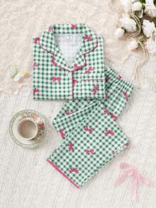 女学生睡衣套装，可爱蝴蝶格子印花长裤和开衫，长袖休闲两件套家居服，适合青少年女孩 - 彩色 - 查看 4