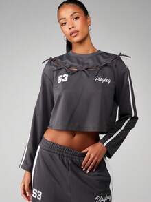 Missguided x Playboy Bow Detail Cropped Long Sleeve Pullover Sweatshirt With Tie Accents And Ribbed Neckline For Casual Comfort - Dark Grey - View 5