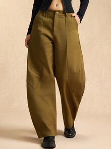 Easelle 女士厚面料阔腿休闲裤，秋冬 - 軍綠色 - 查看 3