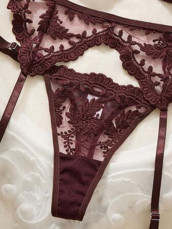 5-delat set med broderad sexig lingeri i mesh för kvinnor