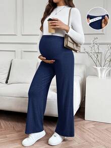 SHEIN Fall Clothes,Autumn Clothes,Maternity Autumn/Winter Clothes Maternity Straight Leg, Wide Leg, Casual, Elegant, Maternity, Comfortable Pregnant Women Pants Maternity Pants Pregnancy Pants Maternity Clothes Knit Pants Pregnancy Clothes - Navy Blue - View 5
