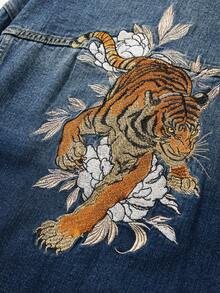 ROMWE MEN Street Life Men's Plant Embroidery Long Sleeve Single-Breasted Casual Denim Jacket - Blue - View 4