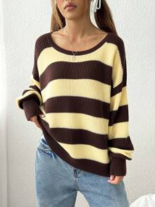 SHEIN EZwear 宽松咖啡棕色和奶黄色条纹超大长袖套头衫，适合秋冬季休闲装 - 彩色 - 查看 3