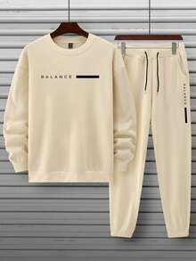 Manfinity Homme 男士休闲字母印花运动衫和运动裤两件套，秋冬 - 淡黃色 - 查看 3