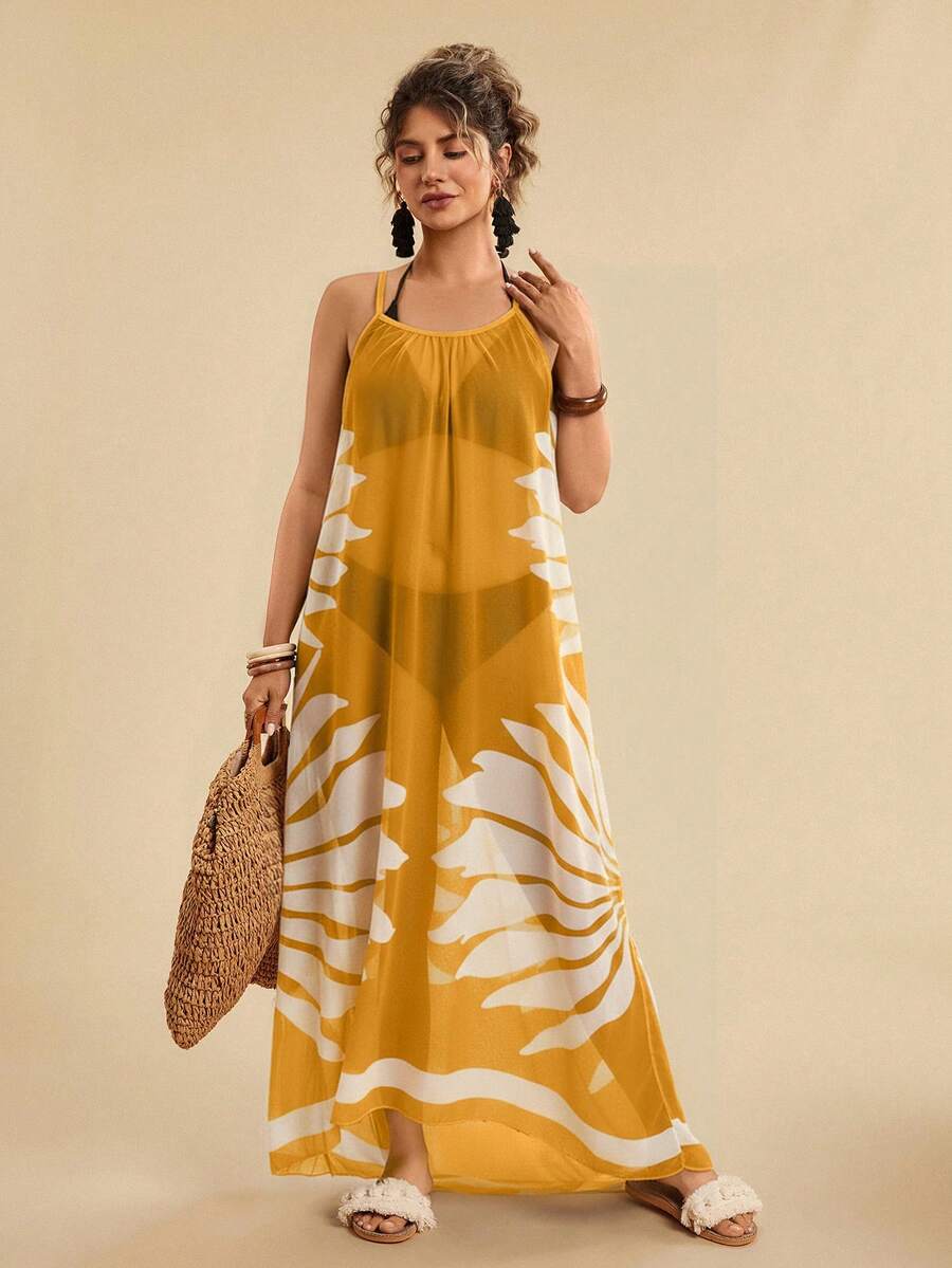 SHEIN TRVLCHIC Áo choàng dài in họa tiết nhiệt đới thoải mái, rộng rãi, không tay, cỡ lớn dành cho nữ - Màu vàng - Xem 1