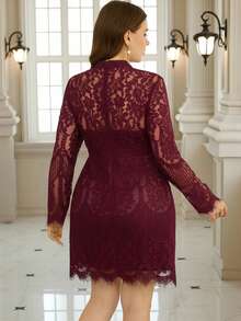 Ellevyn Vestido con adorno de encaje blanco elegante, vestido de manga y bajo con encaje floral de talla grande para mujer en primavera - Burdeos - Ver 2