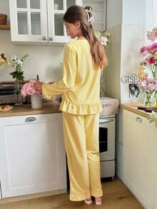 Snug Reverie Sweet Ruffle Trim Solid Color Lace Collar Pajama Set Yellow Pajamas For Women Yellow Pajama Set Lace Collar Pajamas Pajama Sets For Women, Fall & Winter Clothes - Yellow - View 2