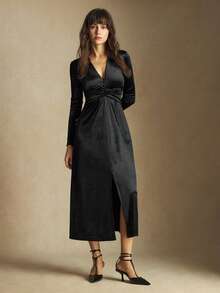 BizChic Vestido plisado con cuello en V y cintura con botones, nuevo para otoño/invierno 2025. Elegante y retro, ideal para uso diario, casual, romántico, fiestas, bodas, graduaciones y talla grande ocasiones. - Negro - Ver 4